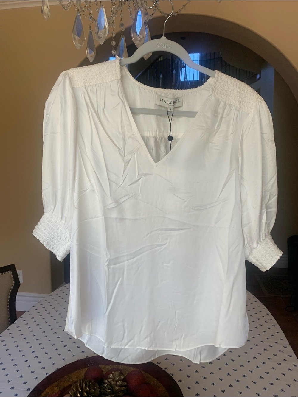 Hale Bob White V-Neck Smocked Shoulder & Cuff Blouse